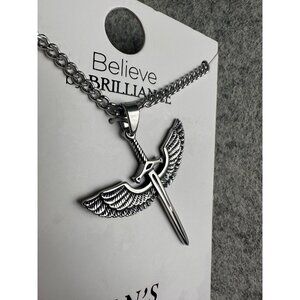 Believe by Brilliance Stainless Steel 24" Necklace Silver Tone Cross with Wings
